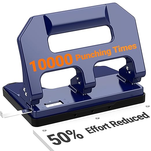 3 Hole Punch Heavy Duty, AFMAT 3 Hole Puncher for Binder, 10000+ Punching Times, 40-Sheet Three Hole Punch, Metal Hole Puncher 3 Ring, 50% Reduced Effort, Bulit-in S.S. Paper Guide, Blue-DeskLoop Office