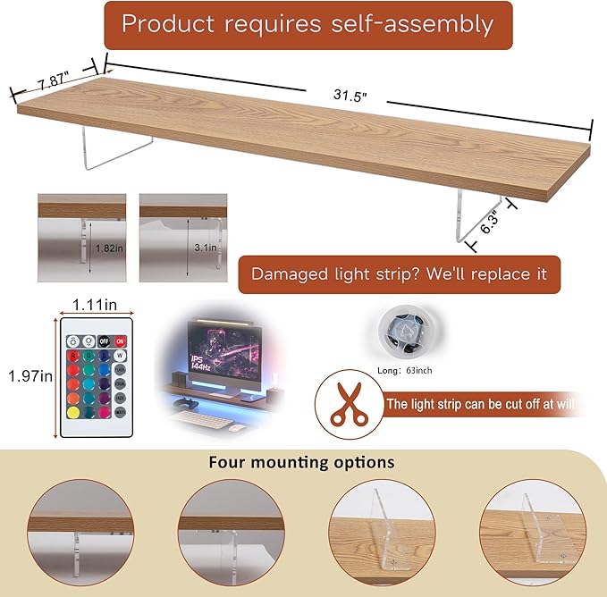 Monitor Stand Riser,Wood & Acrylic Computer Monitor Stand with LED Light,Desk Accessories Desktop Organizer Stand for Computer,Laptop,Printer,PC & TV Screen Riser-DeskLoop Office