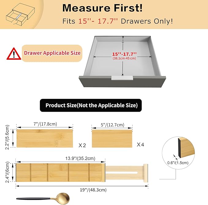 Utoplike 4 PCS Bamboo Kitchen Drawer Dividers with Inserts(Fits 15"-17.7" Drawer Inner Size), Adjustable Drawer Organizers for Socks, Spring Loaded, for Bedroom, Dresser, Bathroom-DeskLoop Office
