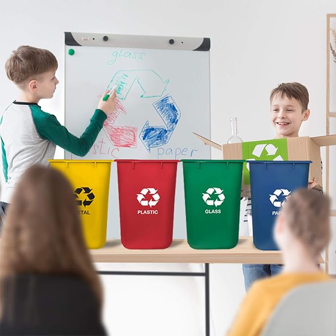Acrimet Wastebasket Bin for Recycling, 6.75 Gallon/ 27 Quart/ 25.552 Liter (Made of Plastic) (Metal/Yellow, Paper/Blue, Glass/Green, Plastic/Red) (Set of 4)-DeskLoop Office