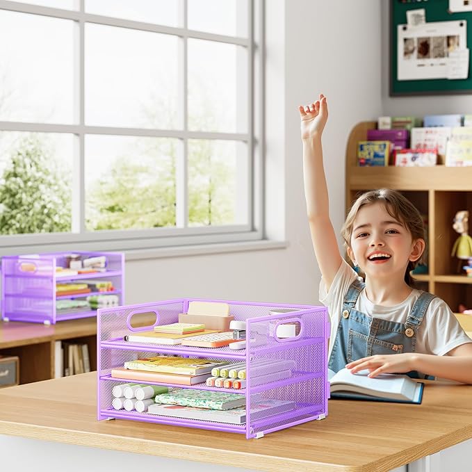 Subekyu 2-Pack 3-Tier Purple Metal Mesh Desk Paper Letter Tray & File Sorter Organizer with Handle + 1 Sliding Tray for Desk, Home, Office, School Supplies, A4 Paper and Accessories Storage-DeskLoop Office