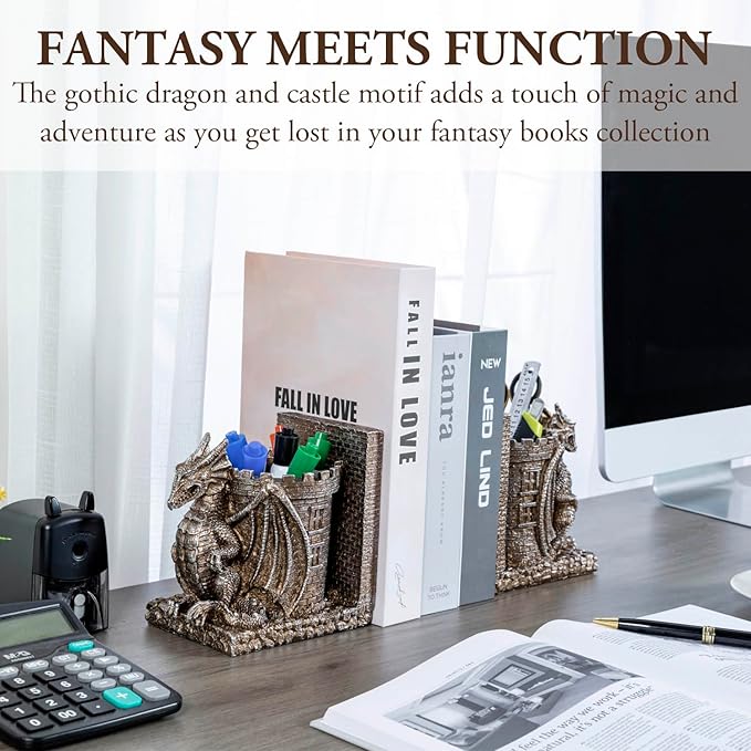MyGift Gothic Brown Resin Dragon Guarding Castle Pencil Cup Bookends, Office Desk Book Ends with Decorative Fantasy Dragons and Stone Tower Pen Holders, 1 Pair-DeskLoop Office