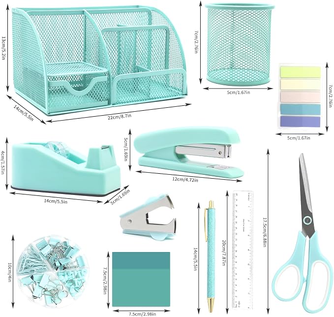 12 in 1 Green Desk Organizers & Accessories Set, Office Supplies Include Stapler - Image 6
