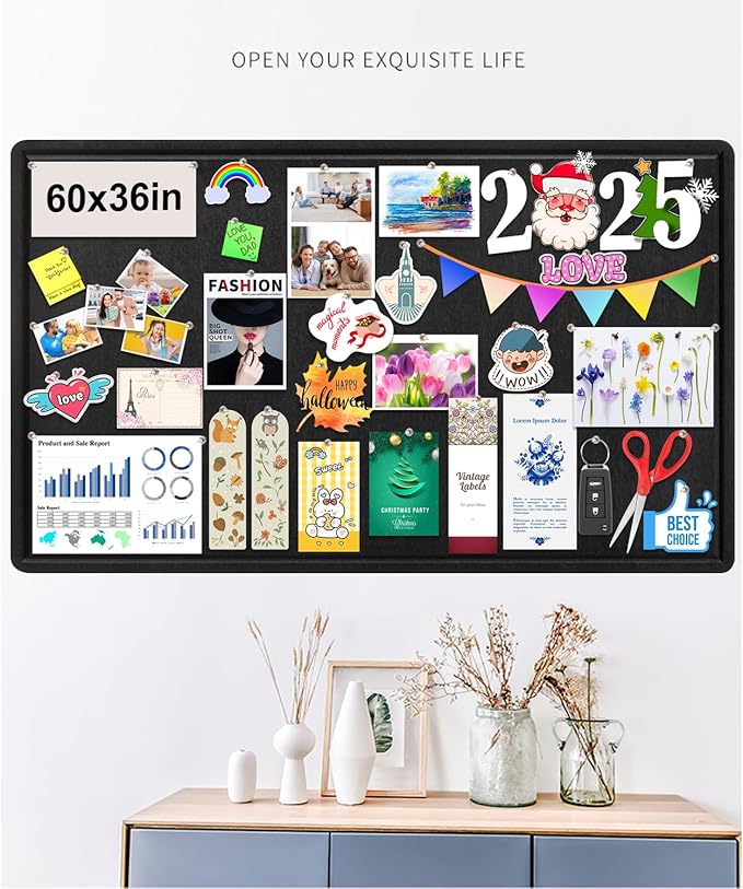 Large Bulletin Board, Foldable 60x36 Inches Cork Board Alternative, Large Felt Board Decorative Pin Board for Wall, Foldable Photo Board Self-Adhesive Vision Board with 36 Pushpins Black-DeskLoop Office