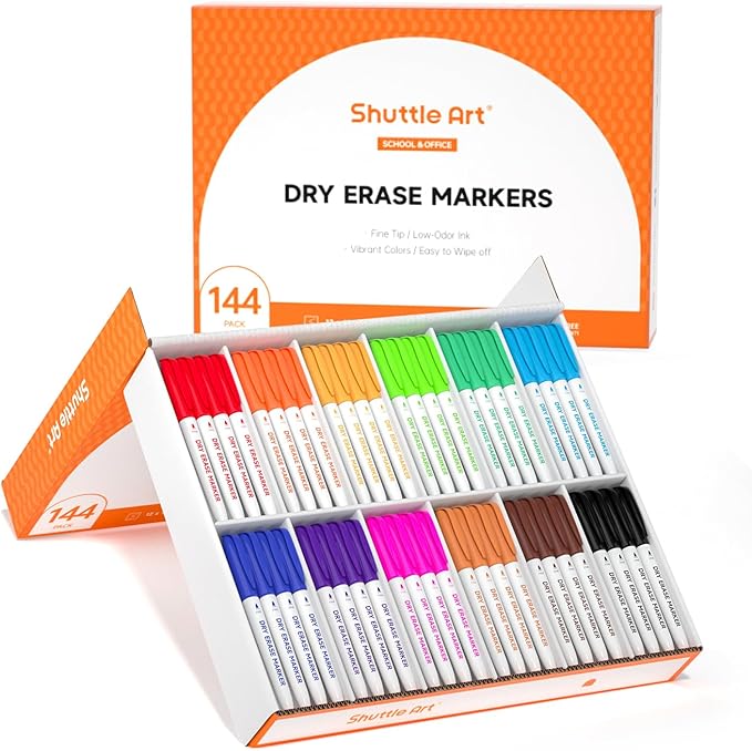 Shuttle Art Dry Erase Markers, 12 Colors 144 Bulk Pack Whiteboard Markers, Fine Point Dry Erase Markers Perfect for Writing on Dry Erase Whiteboard Mirror Glass for School Office Home-DeskLoop Office