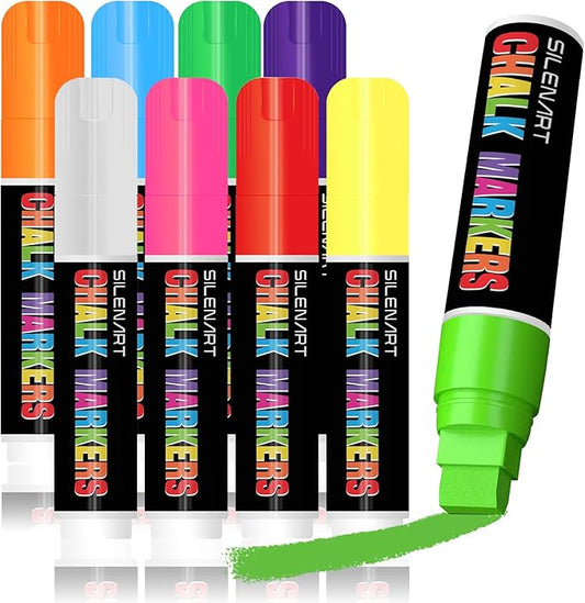 SILENART Jumbo Chalk Markers - 8 Pack Fat Tip, 15mm, Liquid Chalk, Window Markers, Erasable, Washable-DeskLoop Office