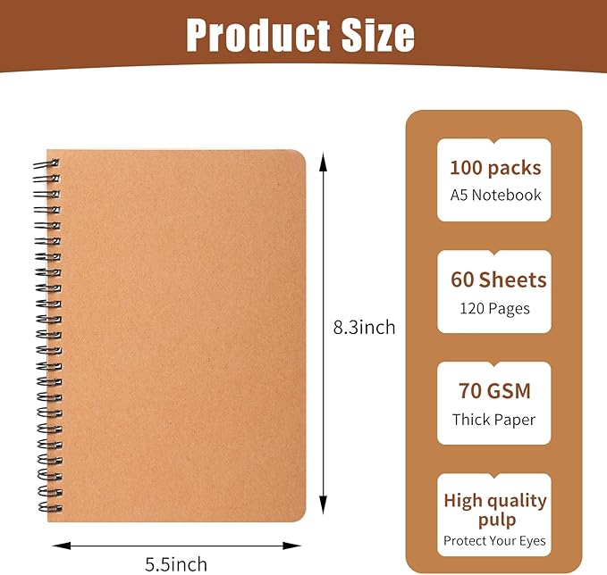 miikoul 100 Packs A5 Spiral Lined Notebooks, Kraft Paper Cover, 8.3"×5.5", 60 Sheets/120 Pages, Ruled Notebooks Bulk, Hardcover Journal Notepad Travel Notebooks for Office and Back to School Supplies-DeskLoop Office