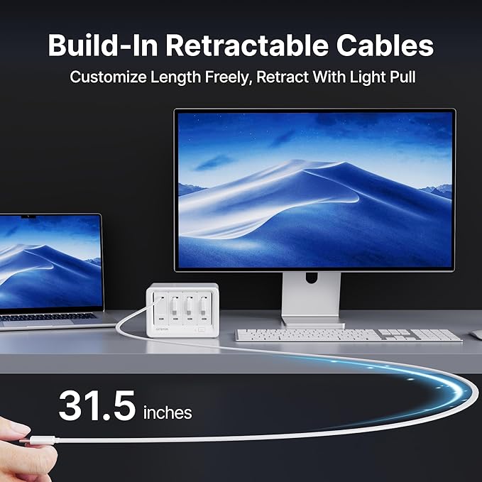 12-in-1 Desktop Charging Station with 4 Retractable Wall Chargers, 40W USB-C Power Strip with 4 AC, 4 USB C, 4 Type-C 31.5in Cables, Extension Cord with 1020J Surge Protection for Home Office-DeskLoop Office