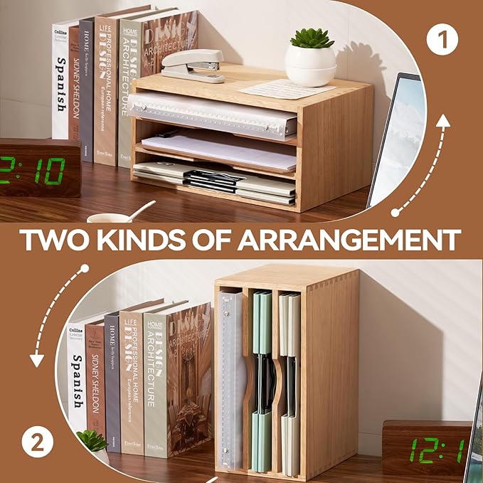 KIRIGEN Wooden Desktop Organizer Paper Storage Letter Tray File Sorter - Desk Rack Magazine File Dividers Holders for Home Office Accessories Wood Desk Cabinet with 3 Layer Trays Natural(3KWJG-NA)-DeskLoop Office