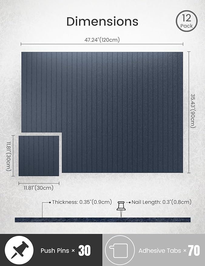 Bumusty Large Cork Board Alternative-47 x35 Felt Bulletin Board Tiles, with 30 Pushpins, 70 Adhesive Tabs, 12-Pack Slat Wall Paneling, Cork Boards for Office Push Pin Board Felt Board-Denim Blue-DeskLoop Office