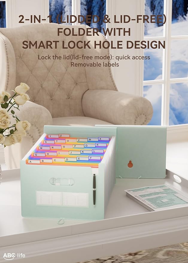 ABC life 26 Pockets Accordian File Organizer Expanding File Folders, Portable Letter A4 Size Filing Box,Plastic Monthly Receipt Document Organizer with Colored Tabs (Sage Green)-DeskLoop Office
