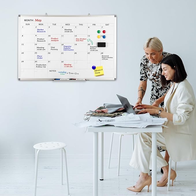 Comix Magnetic Dry Erase Calendar Whiteboard, 36 x 24 Inches Monthly Calendar Dry Erase Board for Wall, Aluminum Frame Planner White Board with Dry Erase Markers, Eraser, Magnets-DeskLoop Office