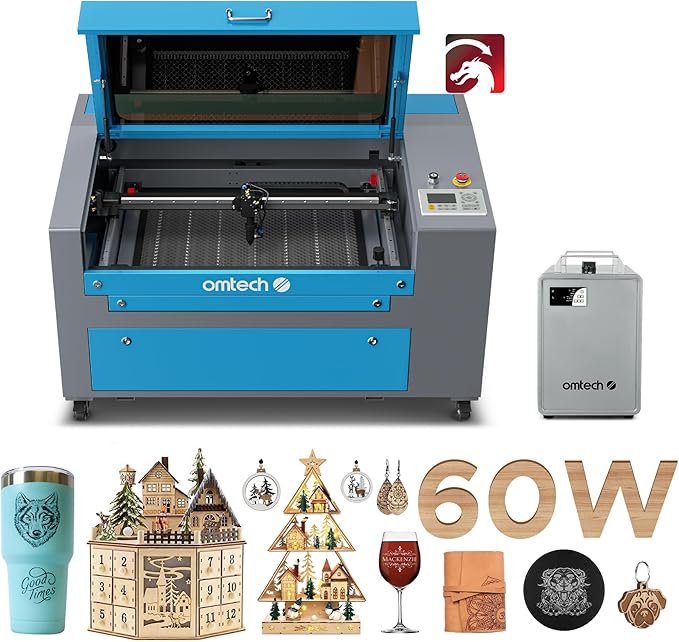 OMTech 60W CO2 Laser Engraver with LightBurn and Water Chiller, 16"x24" Laser Engraving Cutting Machine with Air Assist 2 Way Pass Digital Controls, Commercial Laser Cutter-DeskLoop Office