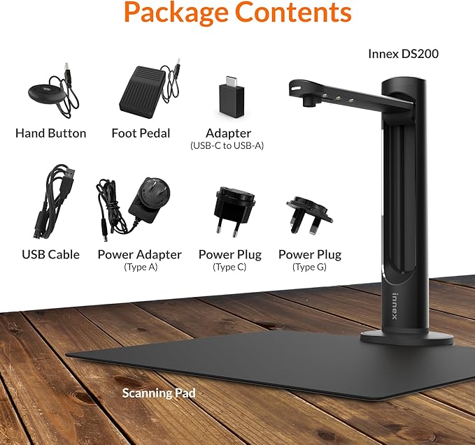 Innex DS200 Professional USB Book Scanner, 26MP, A3 Document scan, 120+ Language OCR, Auto-Flatten & Deskew, Finger Removal, Built-in Mic and LED lamp, Hand Button & Foot Pedal, for Windows/MacOS-DeskLoop Office