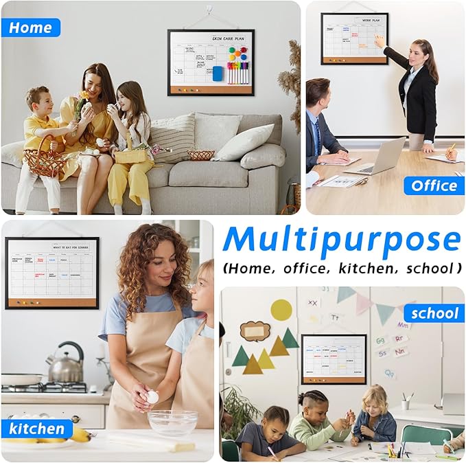 Dry Erase Calendar Whiteboard, 17" x 13" Magnetic Whiteboard Cork Board Combo, Reusable Monthly Planner with 8 Markers, Eraser, Magnets and Pushpins, Hanging Dry Erase Board for Home, School - Black-DeskLoop Office