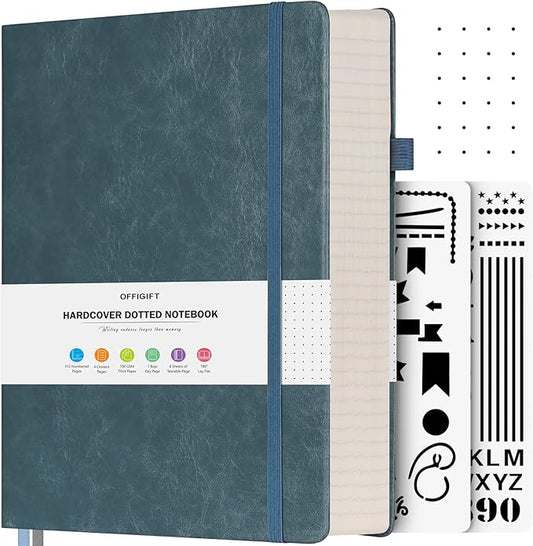 Dotted Journal Notebook, 312 Numbered Pages Large B5 Hardcover Leather Notebook, 100gsm No Bleed Paper Dot Grid Notebook with Index Pages, Dot Journal for Women Men, 7.6'' X 10'', Grey Blue-DeskLoop Office