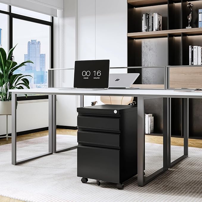 Letaya 3 Drawer Mobile File Cabinet with Lock, Under Desk Metal Rolling Filing Cabinets for Home Office Organizer Letters/Legal/A4 (Black- Requires Installation) (Black)-DeskLoop Office