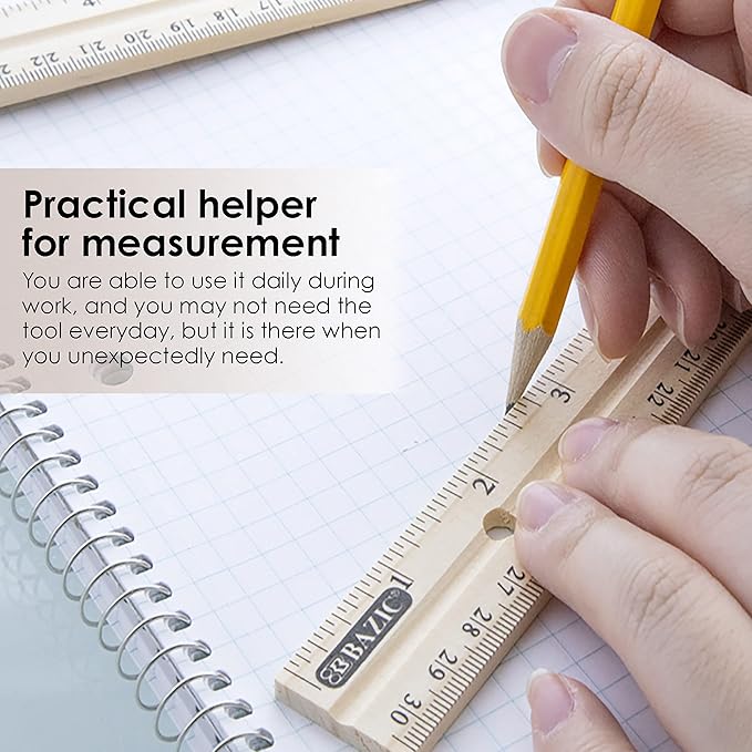 BAZIC Wooden Ruler 12" (30cm), Singel Metal Edge, Inches Centimeter Metric Measuring Drafting Rulers, for Students School Supplies (3/Pack), 2-Packs-DeskLoop Office