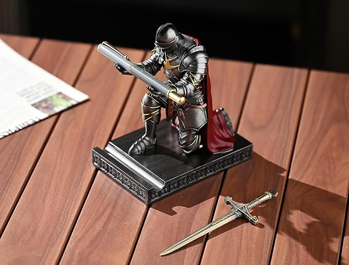 Medieval Armored Warrior Wearing Outerwear, Mobile Phone Stand Knight Pen Holder Desk Organizers, Resin Bookends Paperweight with a Letter Opener for Desk (Iron)-DeskLoop Office