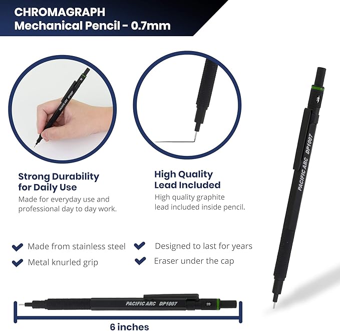 Pacific Arc Chromagraph Metal Mechanical Pencil .7 mm Black Barrel Mechanical Pencil with Built In Lead Pencil Grade Indicator, Lead Pencil Holder for Drafting, Sketching, and Drawing-DeskLoop Office