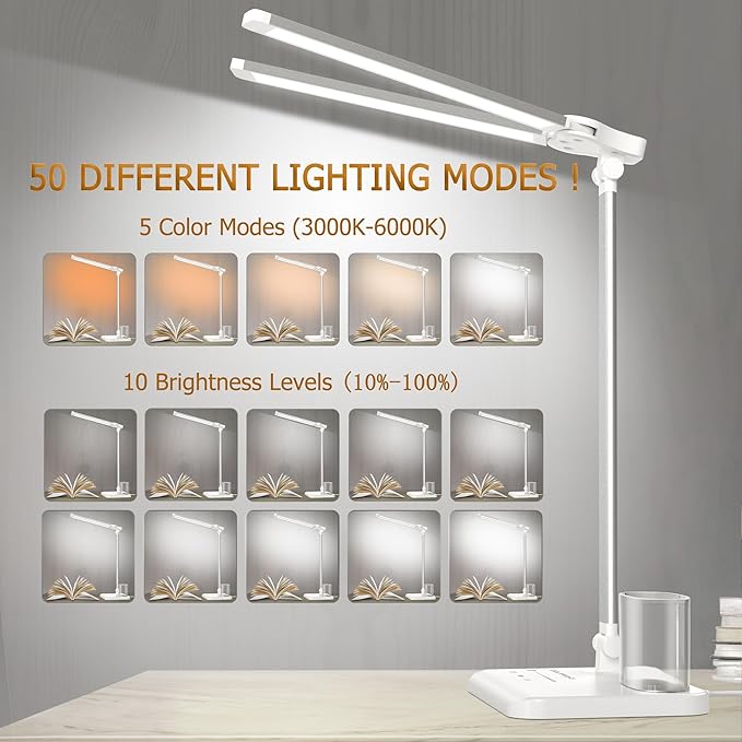 LED Desk Lamp Dimmable Table Lamp with USB Charging Port, 50 Lighting Modes, Adjustable Foldable Dual Swing Arm Architect Desk Lamp for Home Office, Eye-Caring Reading Lamp w/ Pen Holder 45min Timer-DeskLoop Office