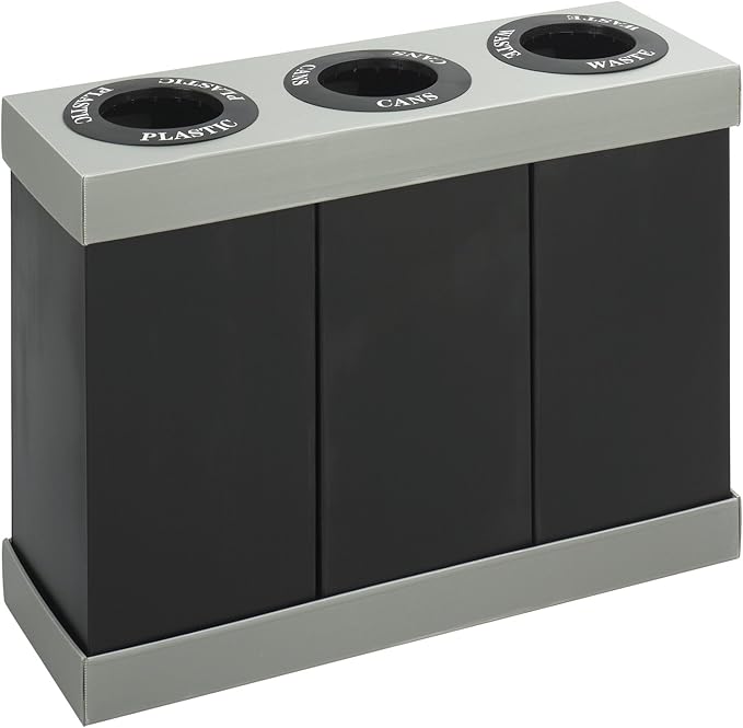 Safco Trash Can Recycle Bin Combo, 28 Gallon Each (3 Bin), At Your Disposal Recycling Center, Black/Grey-DeskLoop Office