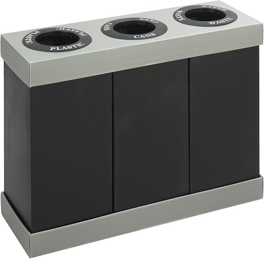 Safco Trash Can Recycle Bin Combo, 28 Gallon Each (3 Bin), At Your Disposal Recycling Center, Black/Grey-DeskLoop Office