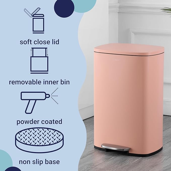 happimess HPM1006G Connor Rectangular 13-Gallon Trash Can with Soft-Close Lid and Free Mini Trash Can, Fingerprint Resistant, Modern, Minimalistic for Home, Kitchen, Office, Bathroom, Flamingo Pink-DeskLoop Office