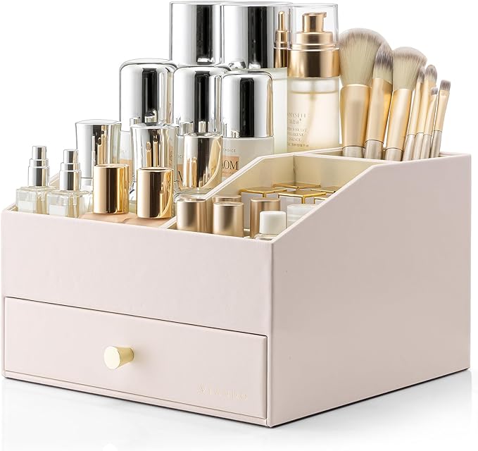 Vlando Makeup Organzier,Vanity Organizer with Drawers, PU Leather Skincare Organizer Perfume Organizer,Large Cosmetic Display Case for Lipstick,Brushes Gifts for Women-Apricot White-DeskLoop Office