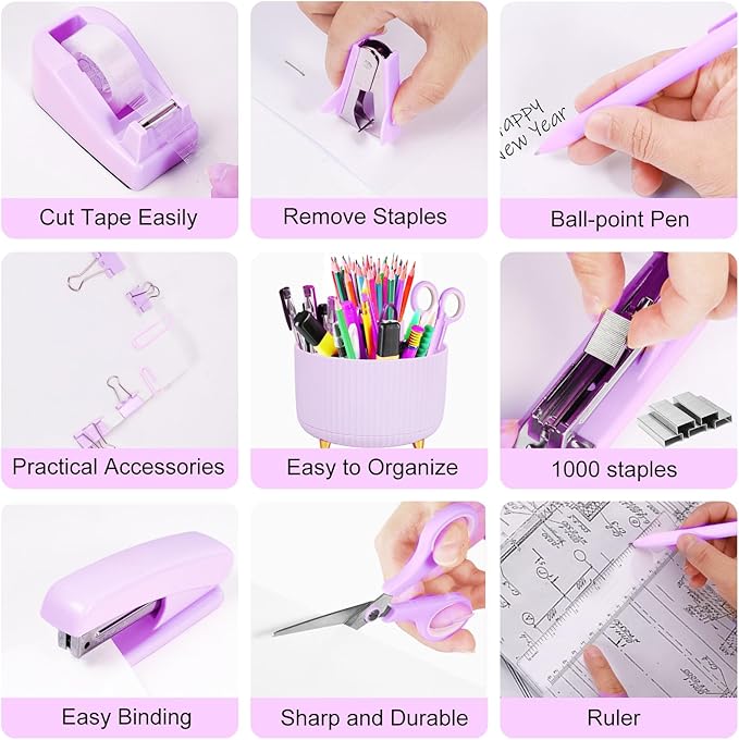 Purple Desk Organizers and Accessories 10Pcs Set with 360-Degree Rotating Pen Holder, Tape Dispenser, Stapler, Staple Remover, 1000 Staples, Tape, Clips Set, Ruler, Scissor, Pen (Purple)-DeskLoop Office