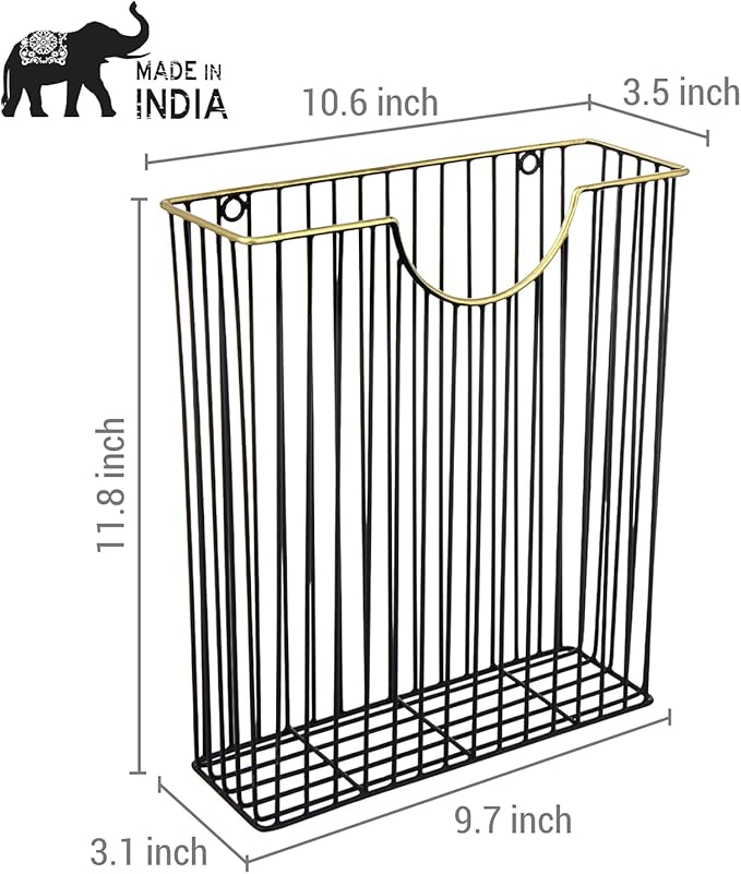 MyGift Art Deco Style Matte Black Metal Wire Magazine Rack with Brass Tone Rim - Wall Mounted Holder Storage Basket for Mail - Handcrafted in India-DeskLoop Office