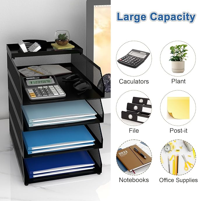 Natwind 4-Tier Stackable Paper Tray, Metal Mesh Desktop Organizer, Paper Sorter, Letter Trays,File Document Storage Rack for for Home, Office, School (Black)-DeskLoop Office