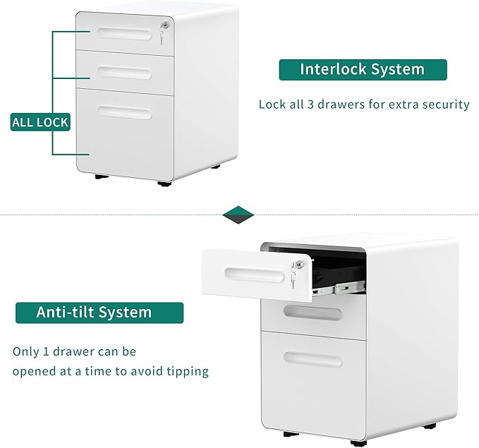 YITAHOME 3 Drawer Mobile File Cabinet, Metal Vertical File Cabinet with Lock, Filing Cabinet Under Desk fits Legal/A4 Size for Home Office, Fully Assembled, White-DeskLoop Office
