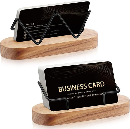 Amyhill 2 Pieces Wood Business Card Holder for Desk Wooden Business Card Display Stand Postcard Holder for Office Home Desktop(Wood Color)-DeskLoop Office