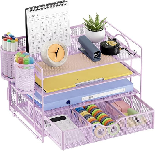 Marbrasse 4-Trays Desk File Organizer with 2 Pen Holder, Desktop Hanging File Holder with Drawer, Paper Letter Tray Organizer (Purple)-DeskLoop Office