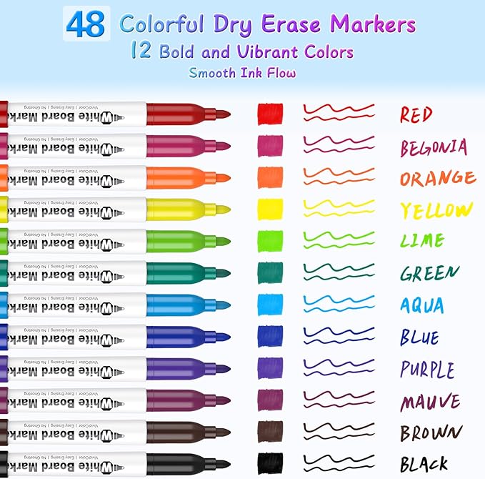 SFAIH Dry Erase Markers Fine Tip - Whiteboard Markers 48 Pack 12 Assorted Color, Fine Tip Dry Erase Markers For Kids Adults, Color Markers for Classroom