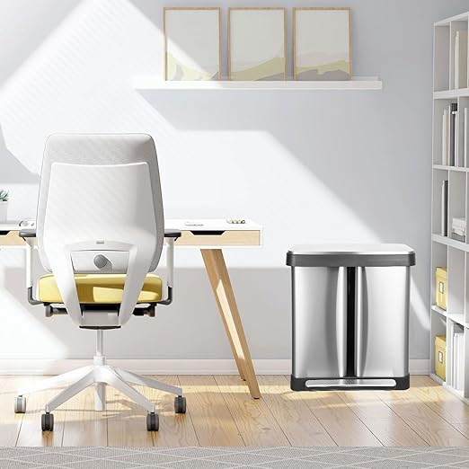 16 Gallon Dual Trash Can, 2 X 30 L Stainless Steel Two Compartment Garbage Can with Soft-Close Lid, Recycle Bin with 2 Removable Inner Buckets and Foot Pedal for Kitchen Home Office-DeskLoop Office