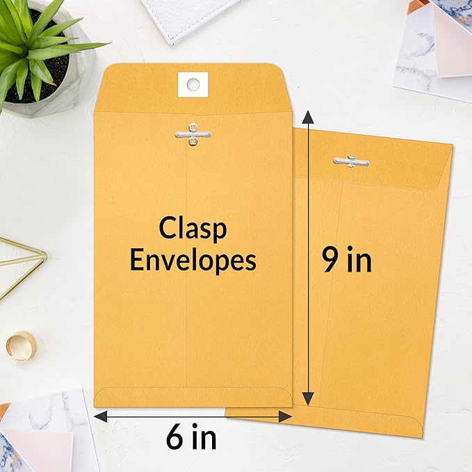SUNEE 6x9 Clasp Envelopes 100 Count - 6x9 Inch Brown Kraft Envelopes with Clasp Closure – for Home, Office, Business, Legal or School, Great for Filing, Storing or Mailing Documents-DeskLoop Office