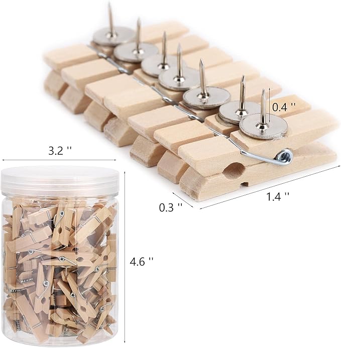 100Pcs Push Pin with Wooden Clips Tacks for Cork Board Artwork for Bulletin Board Crafts Arts Projects Photo Supplies(Wood Color)-DeskLoop Office