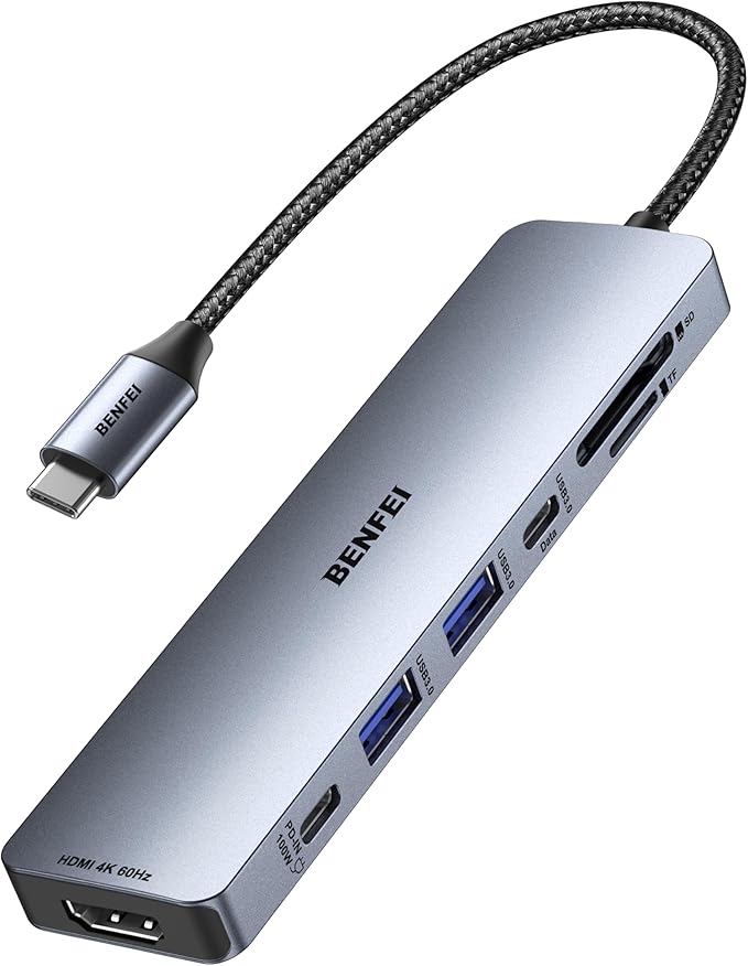 BENFEI 7-in-1 USB C Hub with HDMI(4K@60Hz), 2 USB-A, 1 USB-C Data, 100W Charge, SD/TF Card Reader, Silicone Tangle-Free Cable Compatible with MacBook Pro/Air, iPad Pro, iMac, iPhone 15 Pro/Pro Max-DeskLoop Office