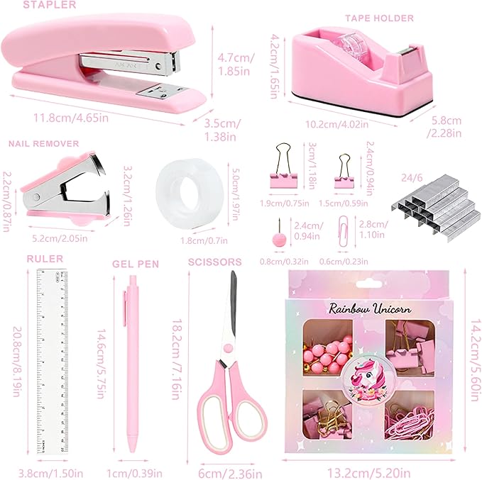 Pink Desk Accessories with Pen Holder, Pink Office Supplies Desk Organizers and Accessories for women, Tape Dispenser, Stapler, Staple Remover, Staples, Clips Set, Ruler, Scissor, Pen, Tape-DeskLoop Office