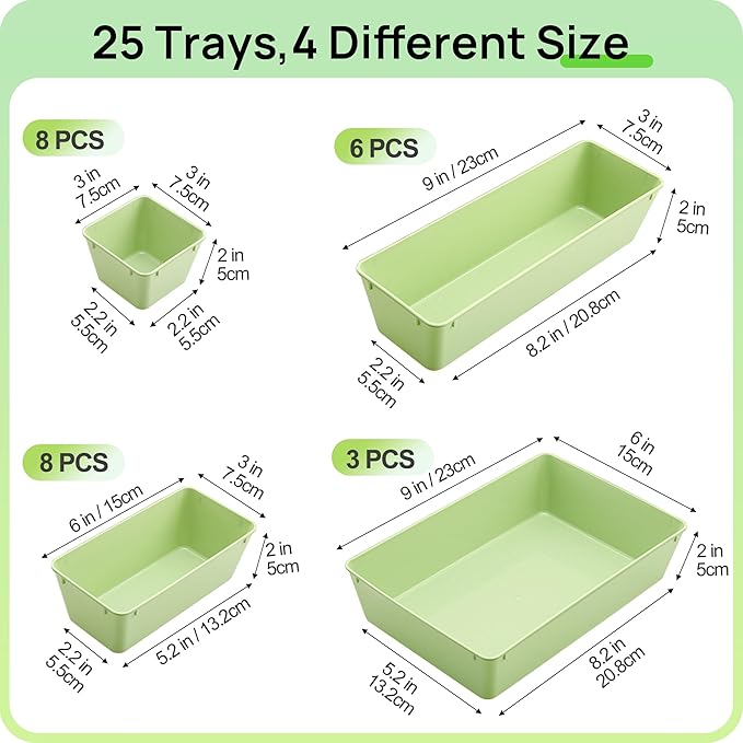 Vtopmart 25 PCS Plastic Drawer Organizers Set, 4-Size Versatile Bathroom and Vanity Drawer Organizer Trays, Storage Bins for Makeup, Bedroom, Kitchen Gadgets Utensils and Office-DeskLoop Office