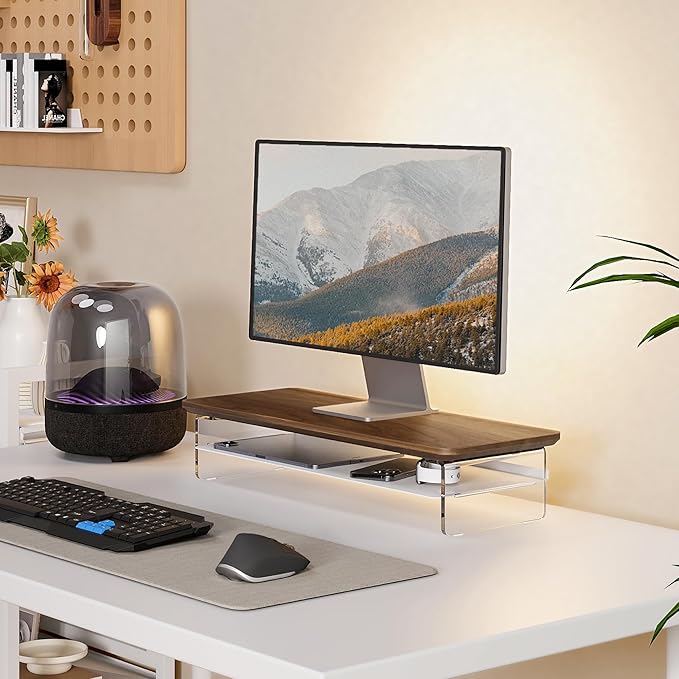 Fenge Acrylic Monitor Stand Riser, 23.6 Inches Monitor Stand with Metal Storage, 2 Tier Acrylic Computer Riser for Desk, Clear Laptop Stand for PC, Laptop, Printer, TV-DeskLoop Office