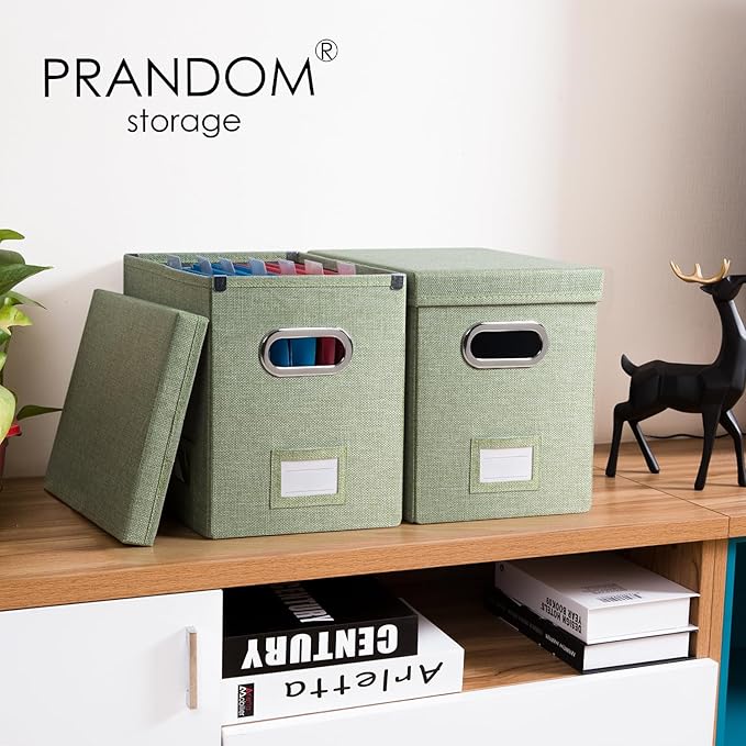 PRANDOM File Organizer Box - Set of 2 Collapsible Decorative Linen Filing Storage Hanging File Folders with Lids Office Cabinet Letter Size Green (14x9.3x10.8 inch)-DeskLoop Office