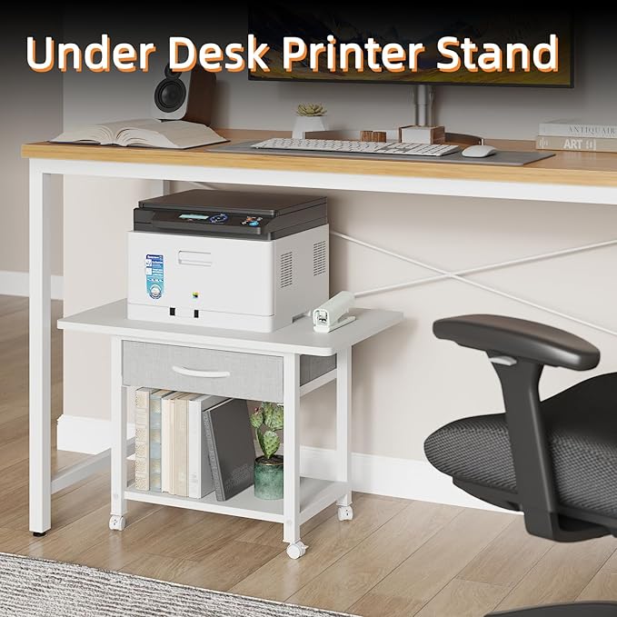 22"x15" Large Printer Stand with Storage Drawer, 2-Tier Under Desk Table for Home Office, Fits Fax Machine/3D Printer/Scanner (White)-DeskLoop Office