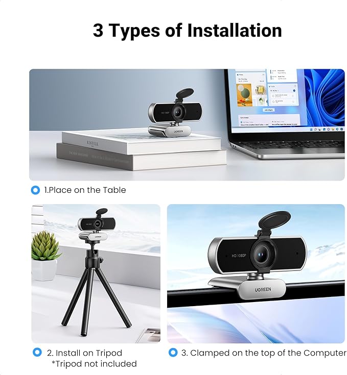 UGREEN Full HD 1080P Webcam with Microphone, 2 Noise-Canceling Mics, 85° Fov & Fixed Focus, Plug and Play, Auto Light Correction, Privacy Cover PC Camera for Zoom/Skype/Teams, Switch 2, Silver Gray-DeskLoop Office