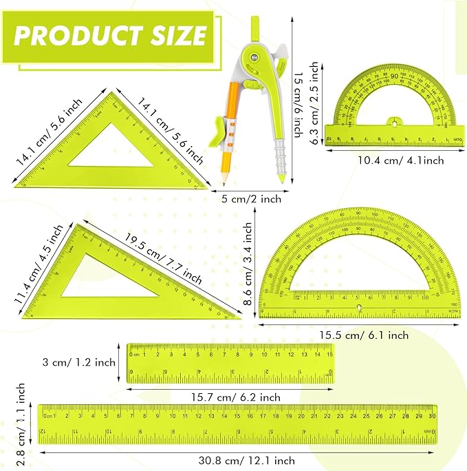 Zonon 1 Set Plastic Geometry Math Set 7 Pcs Includes 6'' / 4 '' Protractor, Drawing Compass, 45/60 Degree Triangle Rulers, 12'' / 6'' Math Ruler Transparent for Office Supplies(Yellow)-DeskLoop Office