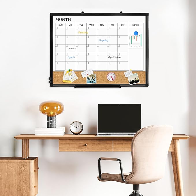 Dry Erase Calendar Board for Wall, 24"x18" Magnetic Whiteboard Calendar Double-Sided Monthly White Board with Cork Board, Black Aluminum Frame Memo Message Board for Office, Home, School-DeskLoop Office