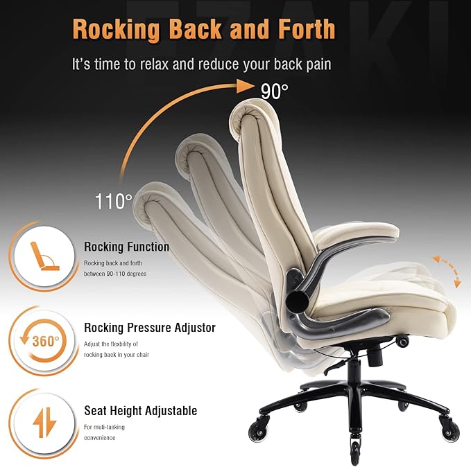 EZAKI High Back Office Chair-Flip-up Arms Executive Computer Desk Chair, Built-in Lumbar Support Thick Padded Adjustable Rock Tension Ergonomic Design for Back Pain (Beige)-DeskLoop Office