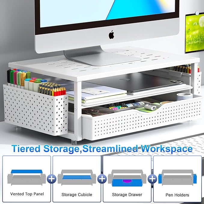 gianotter Desk Organizers and Accessories, Monitor Stand with Drawer and 2 Pen Holder, Desktop Organizer Suitable for Offices and Dormitories (White)-DeskLoop Office